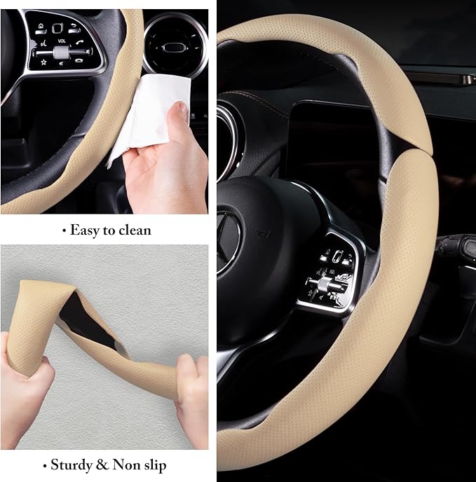 Car Steering Wheel Cover Leather Snap On 3Pcs Set Non-Slip Protector Wrap Steering Wheel Accessories 14.5-15 inch Universal B