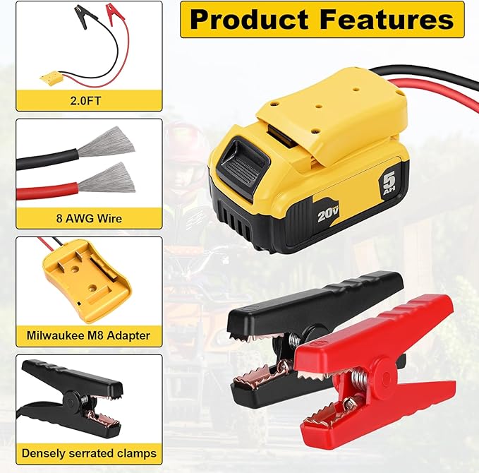Jumper Cable Clamps for DeWalt 20V Battery Jump Starter, 3.28FT 8AWG Car Battery Jumper Cable with Adapter, Automotive Battery Booster Cable for Tools used to Jump Start a Car