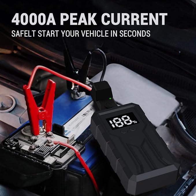 Jump Starter 4000A Peak, Portable Car Battery Jump Starter for 9L Gas 8L Diesel Engines, Power Pack with LED Flashlight, USB