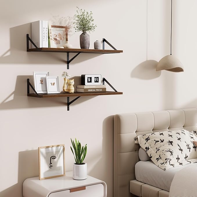 Floating Shelf for Wall,32" WX10 D Wood Floating Shelves with Sturdy Metal Bracket Set of 2,Wall Mounted Hanging Shelf for Ba
