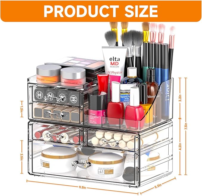 SUOXING Clear Acrylic Makeup Organizer for Vanity,Bathroom,Dresser,5 Drawer Make up Organizers for Counter,Plastic Countertop