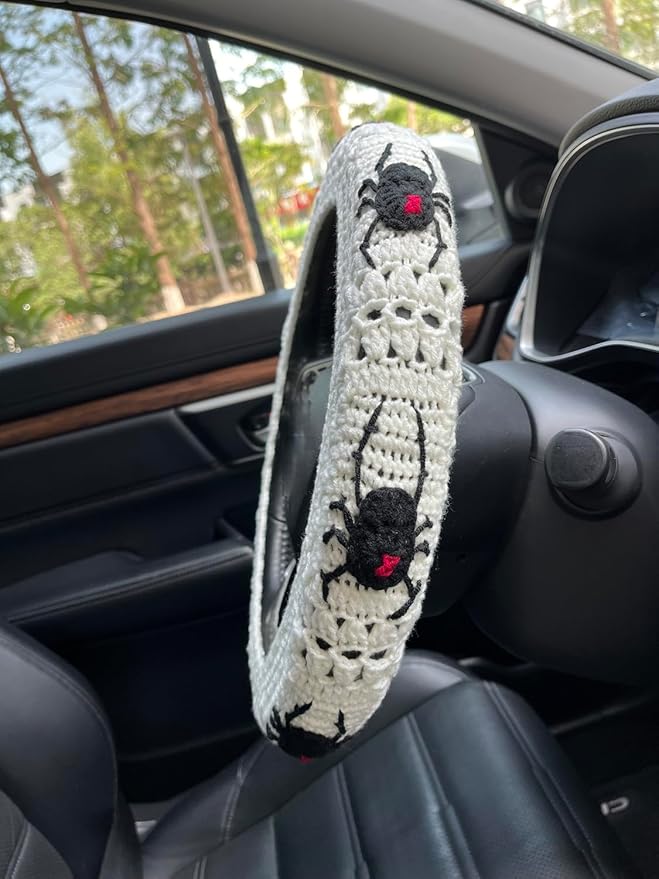 Crochet Spider Steering Wheel Cover Universal 14-15 inch (C,Steering Wheel Cover)