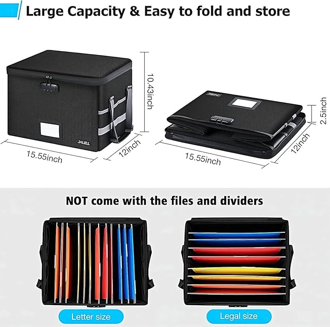 File Box with Lock, Fireproof Document File Organizer Box with Zipper & Adjustable Handle, Collapsible File Storage Box Home 
