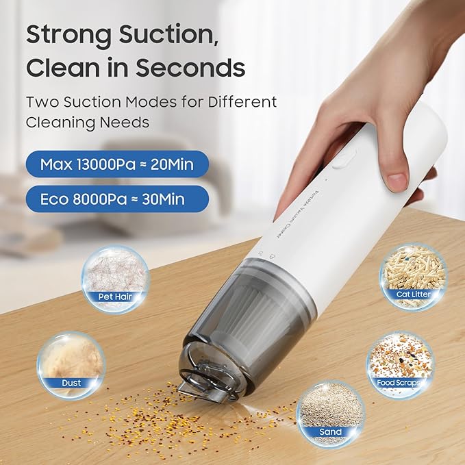 Handheld Vacuum Cordless, Car Vacuum Portable with 2 Suction Modes, Blow & Suction 2-in-1, Mini Vacuum Cleaner Rechargeable f