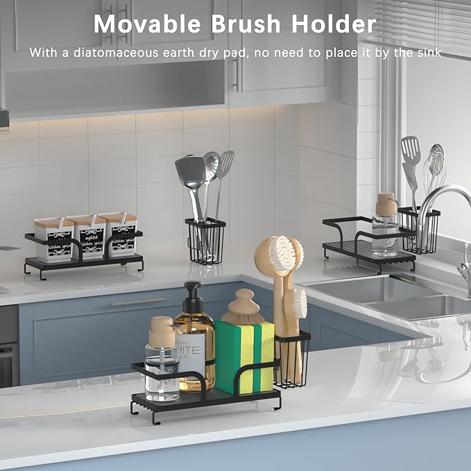 Sponge Holder for Kitchen Sink Caddy,Sink Caddy Organizers with Stone Drying Tray, Kitchen Organizer for Sponges, Soap, 9.7" 