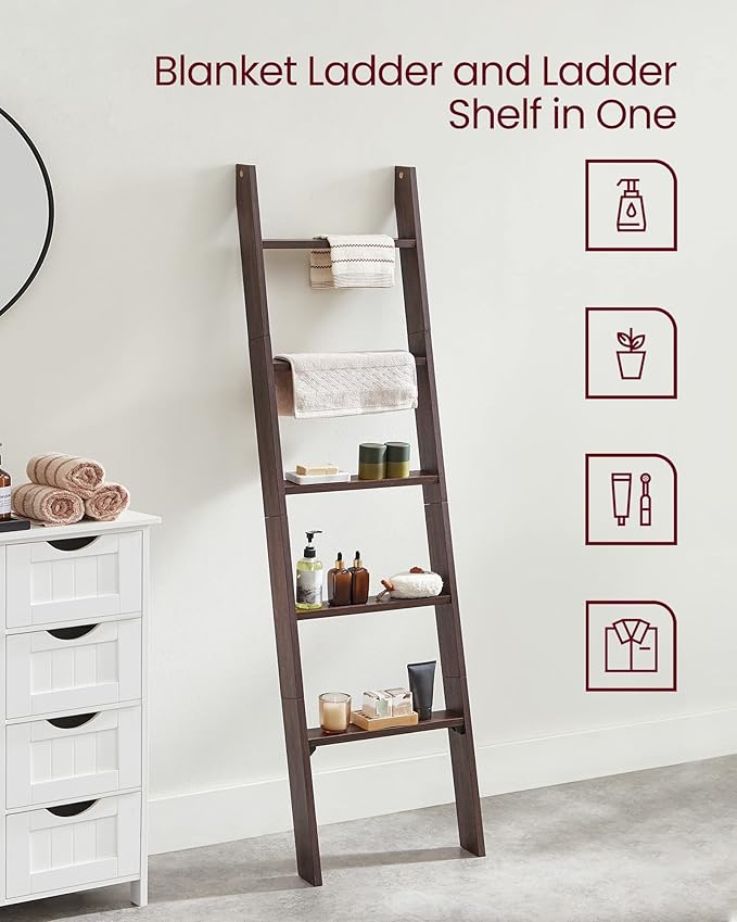 VASAGLE Blanket Ladder Decorative Farmhouse for The Living Room, 5-Tier Ladder Shelf, Ladder Rack for Storage and Decor, Maro