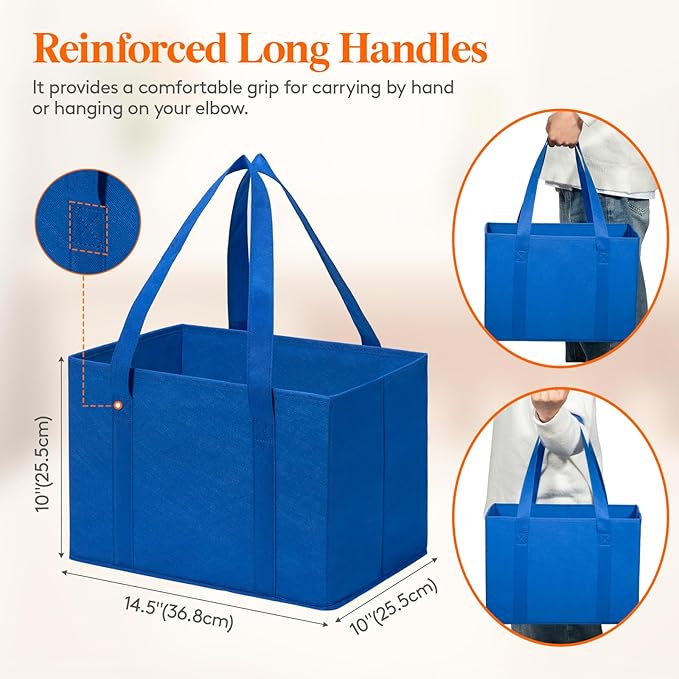 Lifewit Reusable Grocery Bags, Heavy Duty Foldable Shopping Bags with Reinforced Handles, Extra Large Utility Tote Stay Open, Sturdy Standing Carry Box for Kitchen, Car Trunk, 24L Blue, 4 Packs