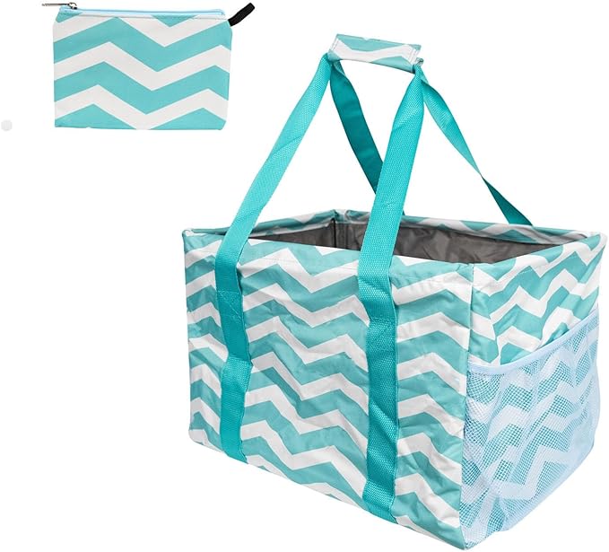 Extra Large Utility Tote Bag - Oversized Collapsible Tote with Wire Frame, Durable Reusable for Beach, Groceries, Laundry, Car Trunk, Storage and Travel - Includes 5x7 Bag with Hook - Chevron Teal