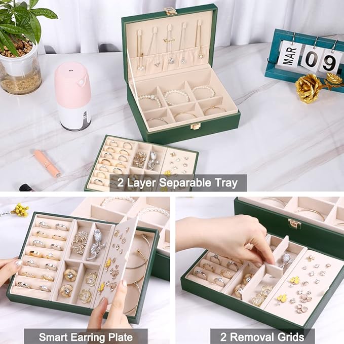 Voova Jewelry Box Organizer for Women Girls, 2 Layer Large Men Jewelry Storage Case, PU Leather Display Jewellery Holder with