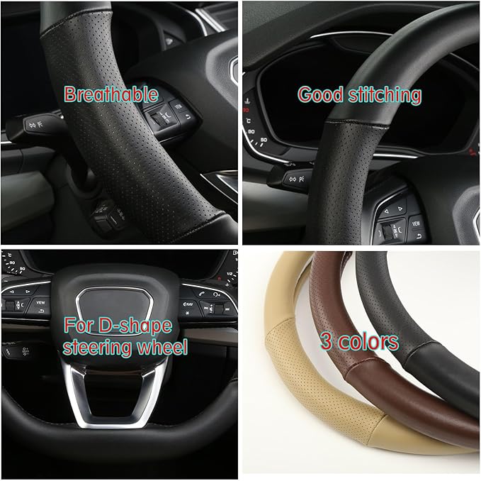 Cxtiy D Shaped Steering Wheel Cover, Genuine Leather Flat Bottom Stearing Wheel Cover Luxury Car Accessories 14 1/2-15 inch (Black)