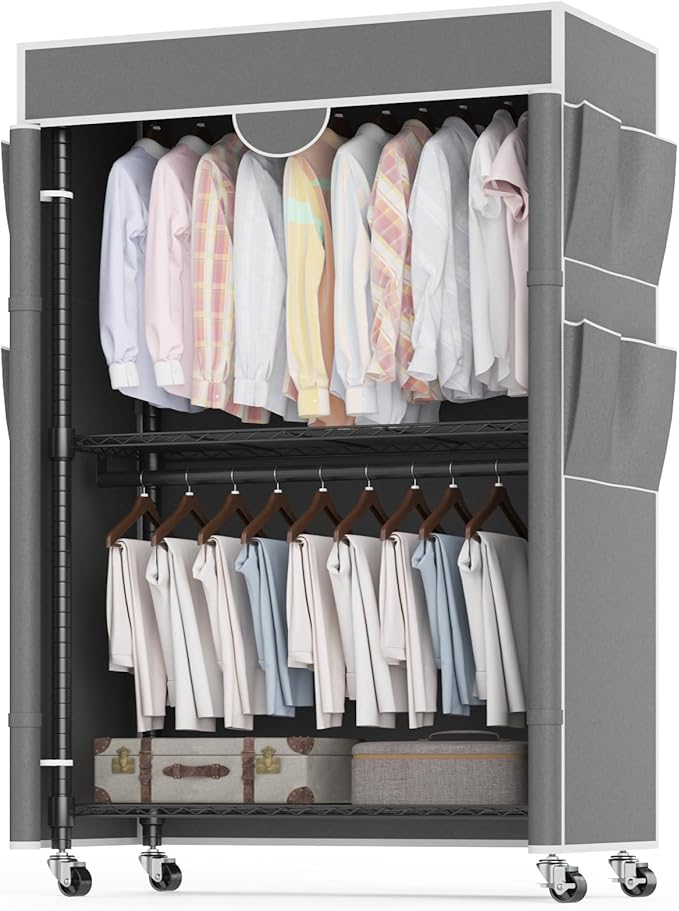 Homdox Garment Rack with Cover, Heavy Duty Clothing Rack for Hanging Clothes, Portable Closet Wardrobe, Double Rods Garment R