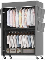 Homdox Garment Rack with Cover, Heavy Duty Clothing Rack for Hanging Clothes, Portable Closet Wardrobe, Double Rods Garment R