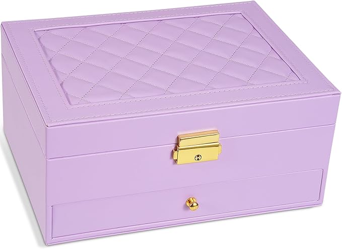 2-Layer Jewelry Box for Women Girls, Jewelry Organizers and Storage with Removable Jewelry Tray, Vintage Quilted Top Lockable
