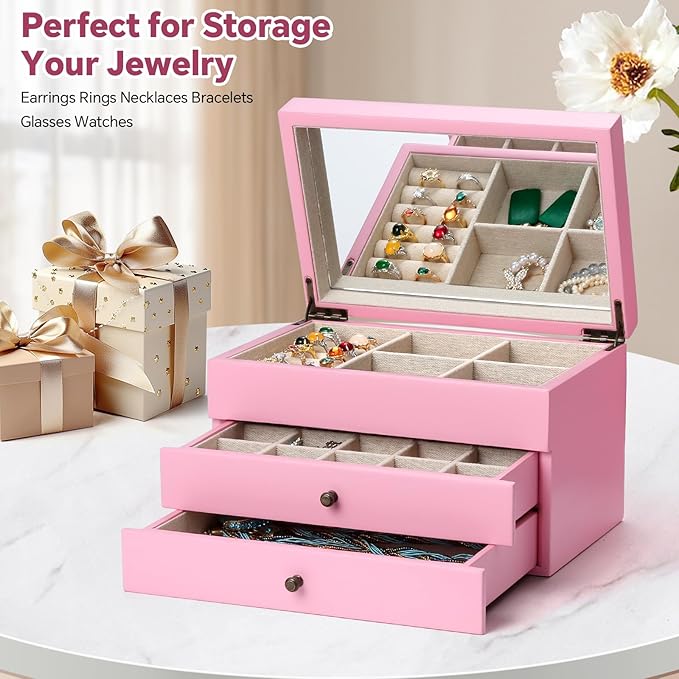 Meangood Jewelry Box Organizer for Women, 3 Layer Large Jewelry Storage Case, Rustic Wooden Jewelry Box with Mirror & Ring Tr