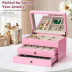Meangood Jewelry Box Organizer for Women, 3 Layer Large Jewelry Storage Case, Rustic Wooden Jewelry Box with Mirror & Ring Tr