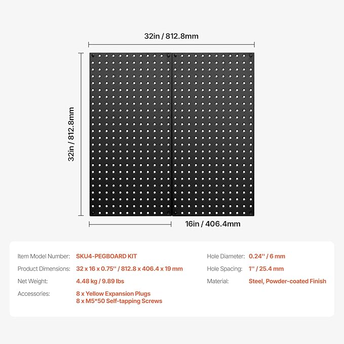 VEVOR Metal Pegboard Panels, 32" x 16" Pegboard, 2 Panels, Heavy Duty Steel Peg Board Wall Organizer, for Living Room Garage 
