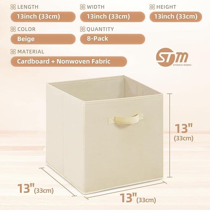 STORAGE MANIAC Storage Cubes, 13 Inch Collapsible Storage Bins with Handles, 8 Pack Fabric Foldable Bins for Organization, Du