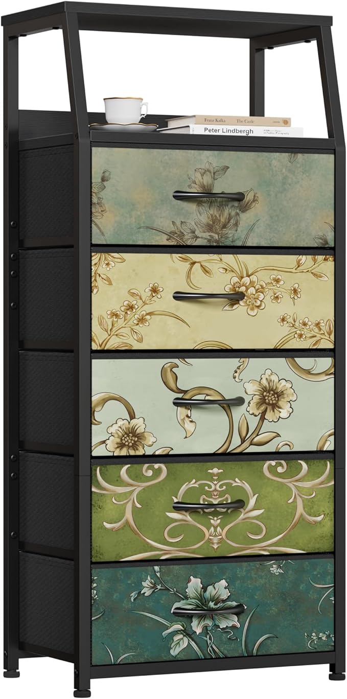 Furnulem Retro 5 Drawers Dresser, Tall Dressers for Bedroom, Closet, Hallway, Nursery, Fabric Storage Tower Organizer, Vertic
