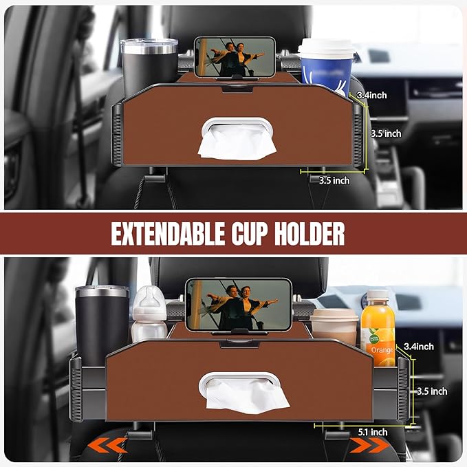 5-in-1 Car Back Seat Organizer and Storage with Extendable Cup Holder, Tissue Holder, Phone Holder, Hanging Hooks, Trash Bin, Back of Seat Car Headrest Organization Accessories for Women Man