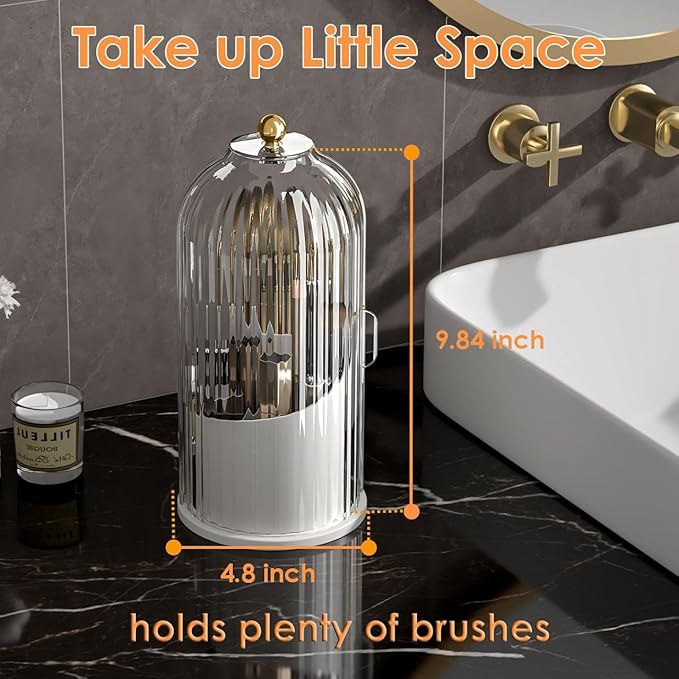 YOOLENS Makeup Brush Holder with Lid 360 Rotating Clear Dustproof Make Up Organizers for Vanity Bathroom Countertop, Transpar