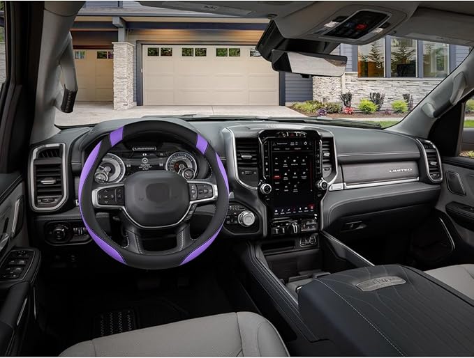 West Llama Customized Auto Car Steering Wheel Cover for Dodge RAM 1500 2500 3500, 15.5-16 inch (Black+Purple - Large Size)