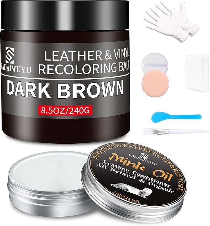SHADAIWUYU 8.5oz Leather Recoloring Balm with 100ml Mink Oil,Dark Brown Leather Repair kit for Furniture and Car Interior,Lea