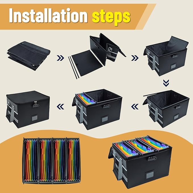 File Box with Hanging Folders Important Fireproof Document Organizer with Lock Collapsible Portable File Box with Handle for 