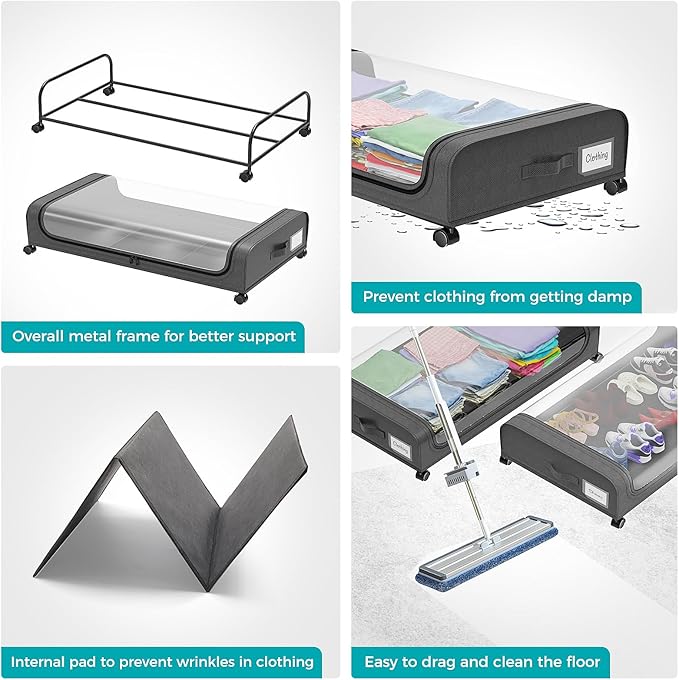 oylik 4 Pack Under Bed Storage with Wheels, Under Bed Shoe Storage Larger Capacity with PVC Clear Window & Label, Under the B