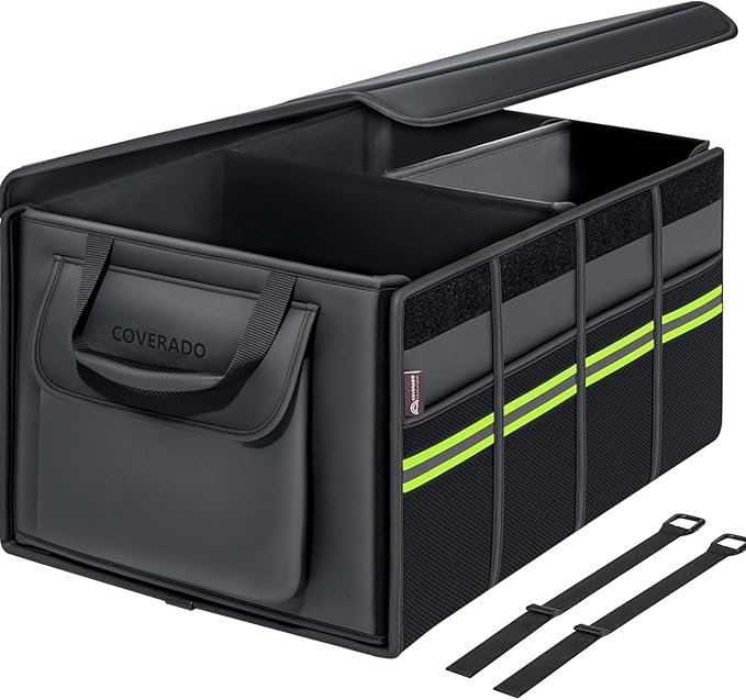 Coverado Car Trunk Organizer - 70L Nappa Leather Trunk Organizer for SUV with Lid, Multi Collapsible Car Storage Organizer Fold