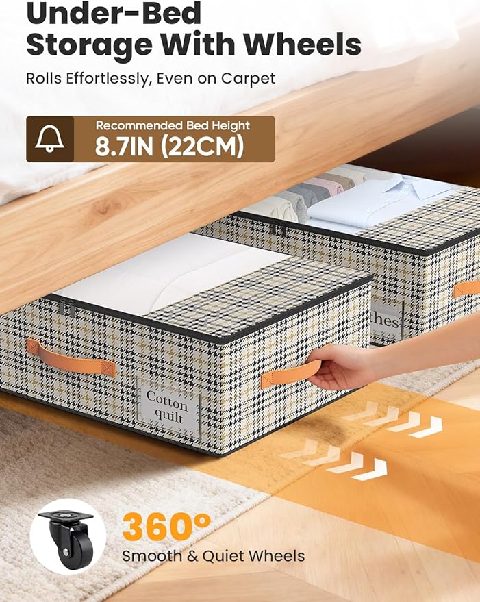 2-Pack Under Bed Storage Bins with Wheels and 4 Vacuum Seal Bags, Heavy Duty 80lbs Capacity,7.9" Height Clear Lid Organizer f