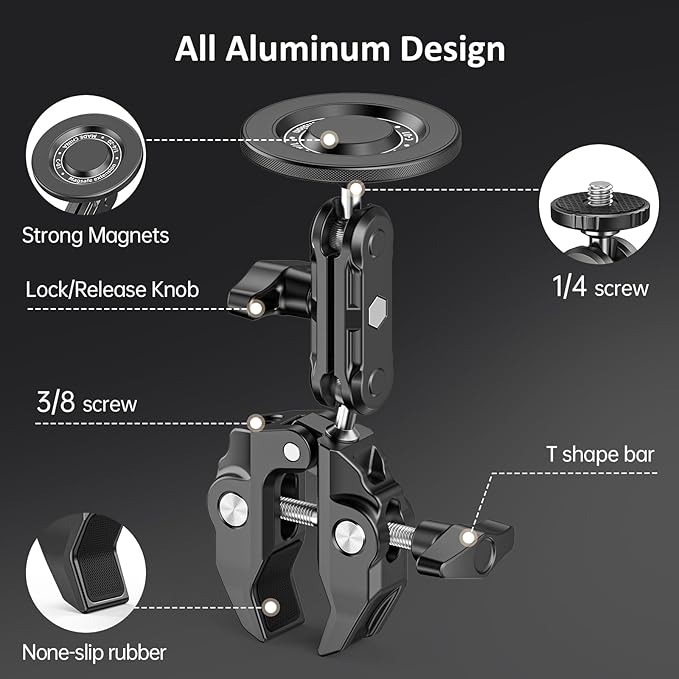 Mic Stand Phone Holder Aluminum Compatible with Magsafe iPhone 16/15/14/13/12 Plus Pro Max Series, Side Mount Cellphone Music Stand Holder for Microphone, 360° Swivel Tilt Adjustable Mic Phone Mount