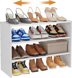 3-Tier Expandable White Shoe Rack Organizer for Closet, Stackable Shoe Racks Storage Shelf, Small Metal Wood Combination Shoe