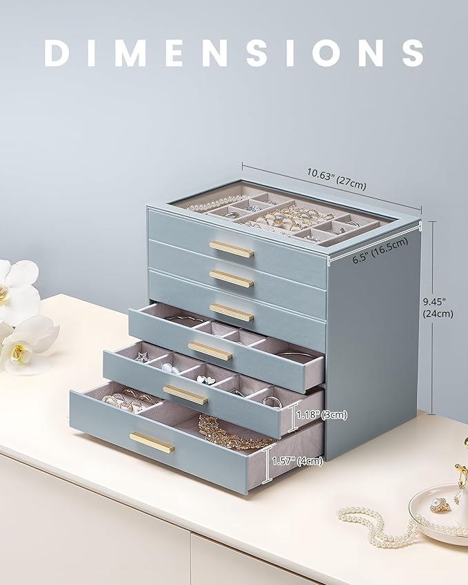 Lolalet Jewelry Box Organizer, 6-Layer Jewelry Organizers and Storage Case with Glass Lid, Ring Earring Bracelet Necklace Hol