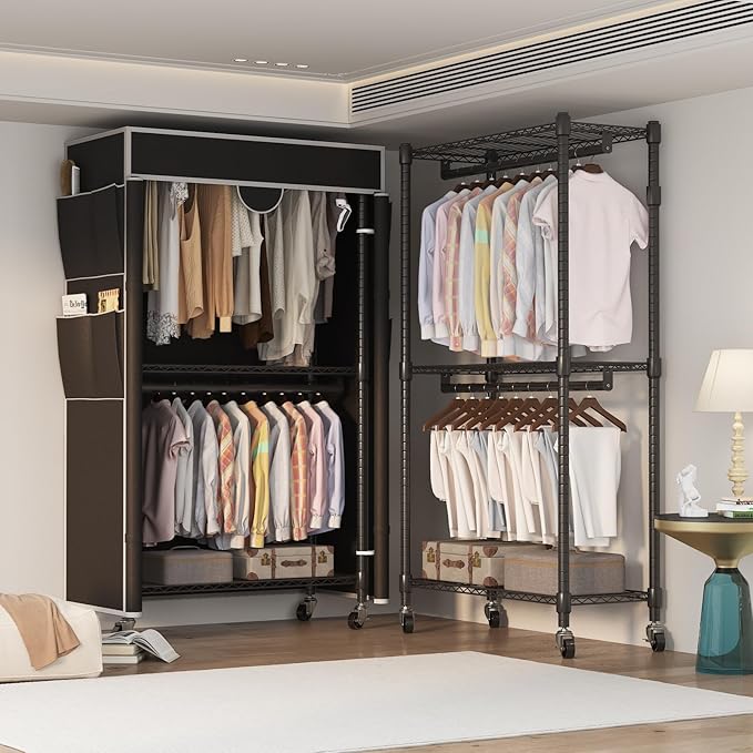 Homdox Garment Rack with Cover, Heavy Duty Clothing Rack for Hanging Clothes, Portable Closet Wardrobe, Double Rods Garment R