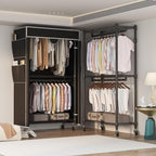 Homdox Garment Rack with Cover, Heavy Duty Clothing Rack for Hanging Clothes, Portable Closet Wardrobe, Double Rods Garment R