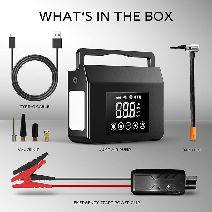 Hieha 4000A Portable Jump Starter with Air Compressor, 12V Car Battery Power (All Gas 8L Diesel) with 150PSI Tire Inflator