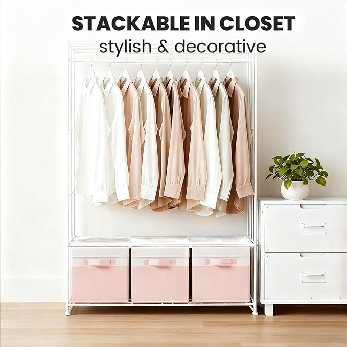 Large Closet Organizer Bins with Lids 8 Pack - Pink Storage Baskets for Shelves Nursery Bedroom Dorm RV - Stackable Decorativ