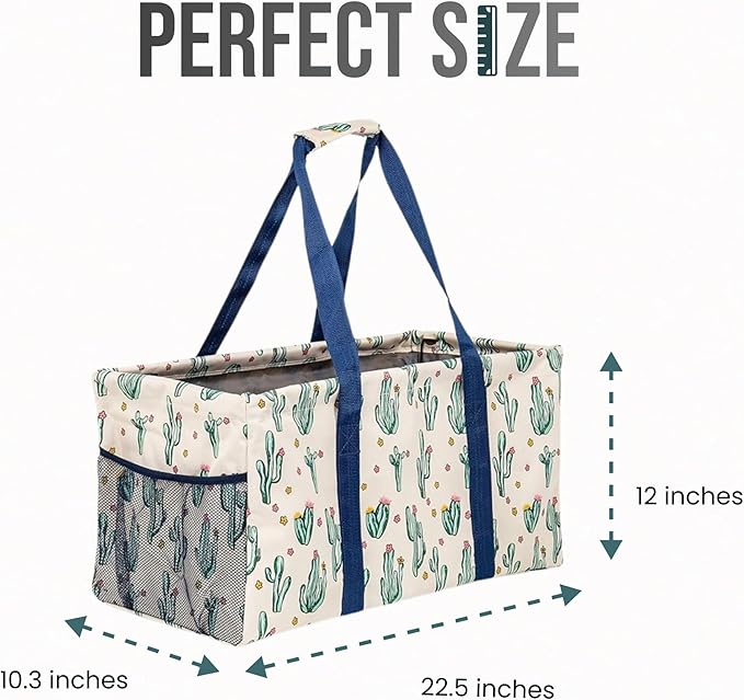 Extra Large Utility Tote Bag, Oversized Collapsible Reusable Wire Frame Rectangular Canvas Basket With Two Exterior Pockets For Beach, Pool, Laundry, Car Trunk, Storage - Cactus White
