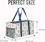Extra Large Utility Tote Bag, Oversized Collapsible Reusable Wire Frame Rectangular Canvas Basket With Two Exterior Pockets For Beach, Pool, Laundry, Car Trunk, Storage - Cactus White