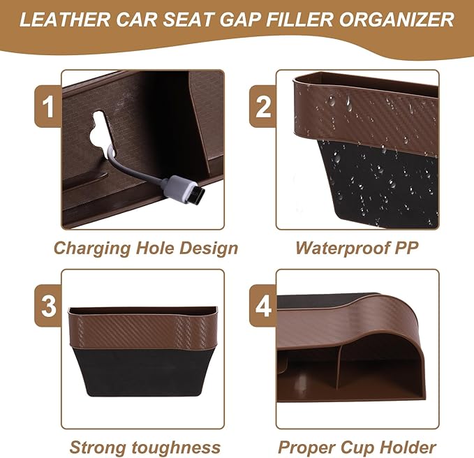 HARFINGTON 2pcs Car Seat Gap Filler Organizer 10.2 x 6.5 x 2.8 Inch PP Universal Car Organizer Storage Box Between Seat and Console (Left+Right) with Cup Holders for Phone Keys, Beige