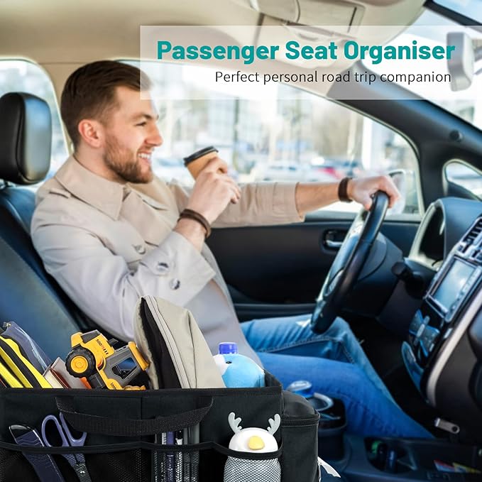 Car Seat Organizer-Car Organizer Front Seat Back Seat,Car Organizers and Storage,Passenger Seat Organizer with Lid Tissue Box Cup Holder (Grey) (Black)