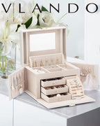 Vlando Jewelry Box Organizer for Girls Women, Large Vintage Jewelry Storage Box with Mirror, Drawers for Bracelets, Earrings,
