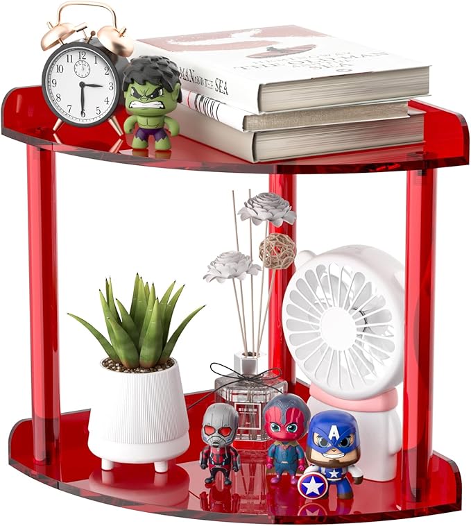 Sezanrpt 2 Tier Countertop Corner Organizer Shelf 7x7x8 Inch, Red Acrylic Bathroom Corner Shelf for Countertop, Vanity Storag