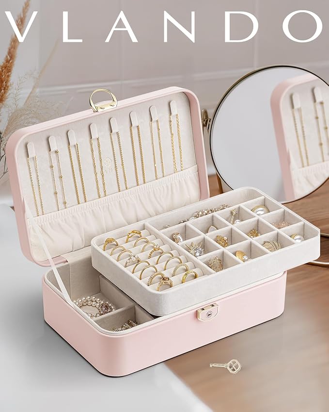 Vlando Jewelry Box Organizer for Women Girls, 2 Layer Jewelry Case with Lock,Jewelry Storage Earrings Necklace,Rings,Gift Box