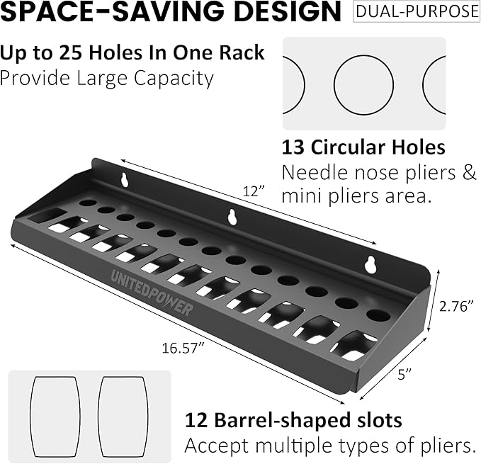 UNITEDPOWER Pliers Holder, Wall Mount Storage Rack Organizer for Workshop, Shed, Garage, Home, Stores up to 12 Pliers or Smal