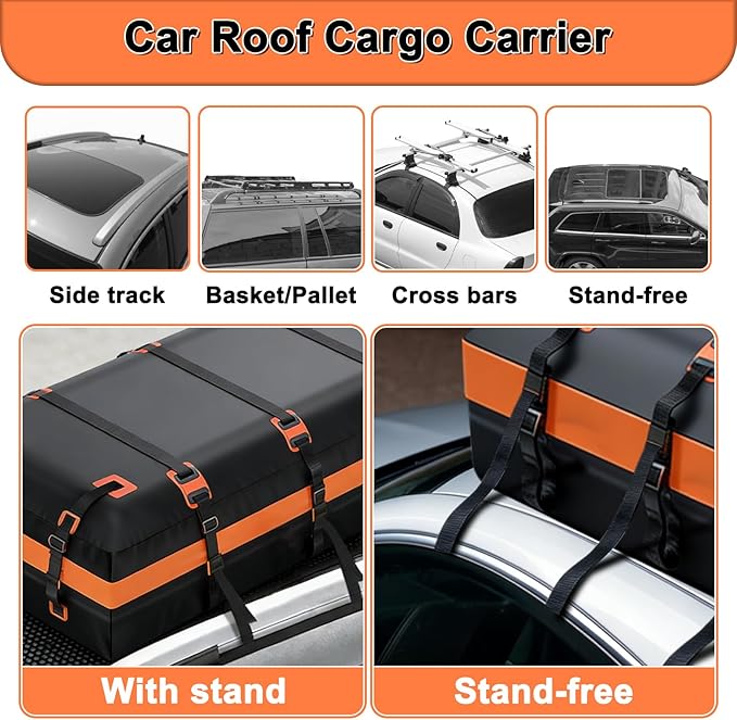 Premium Car Roof Bag, 20 Cubic Heavy Duty Cargo Carrier Bag for All Cars with/Without Rack, Waterproof Car Roof Cargo Carrier with Anti-Slip Mat, 6 Door Hooks, Luggage Lock