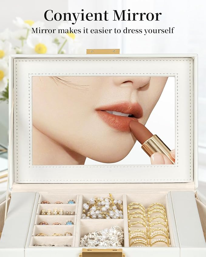 TORIBIO Jewelry Box for Women, Leather Jewelry Organizer with Mirror & Lock, 3-Tier Jewelry Storage Organizer with 2 Drawers 