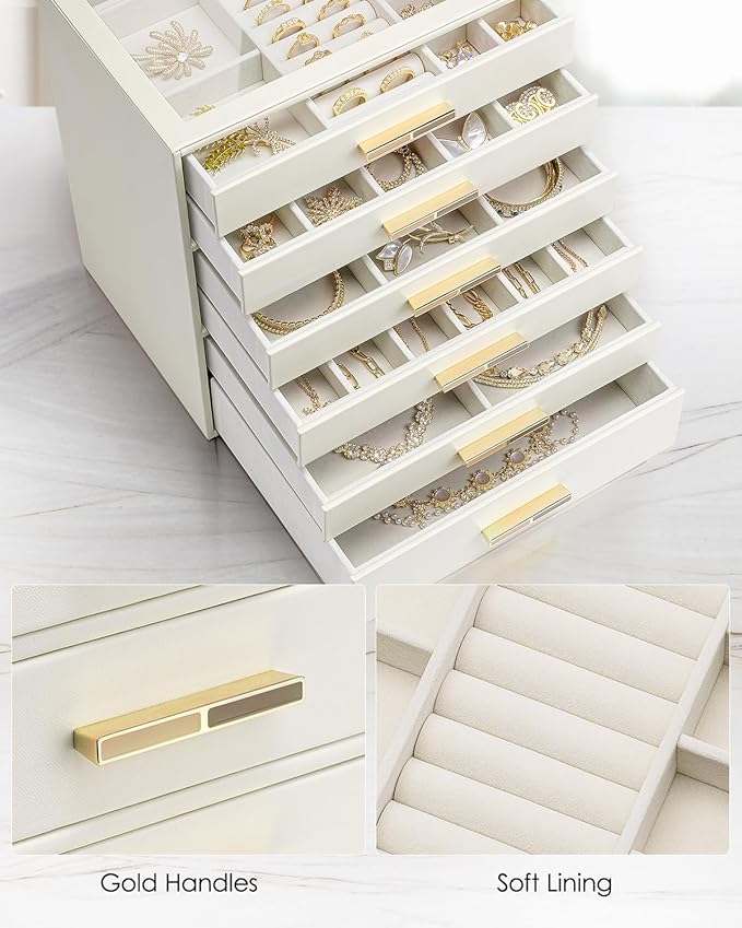 VLANDO 6 Layer Jewelry Box for Women, Glass Lid Jewelry Organizer with 6 Drawers for Necklaces Rings Earrings Bracelets - Clo
