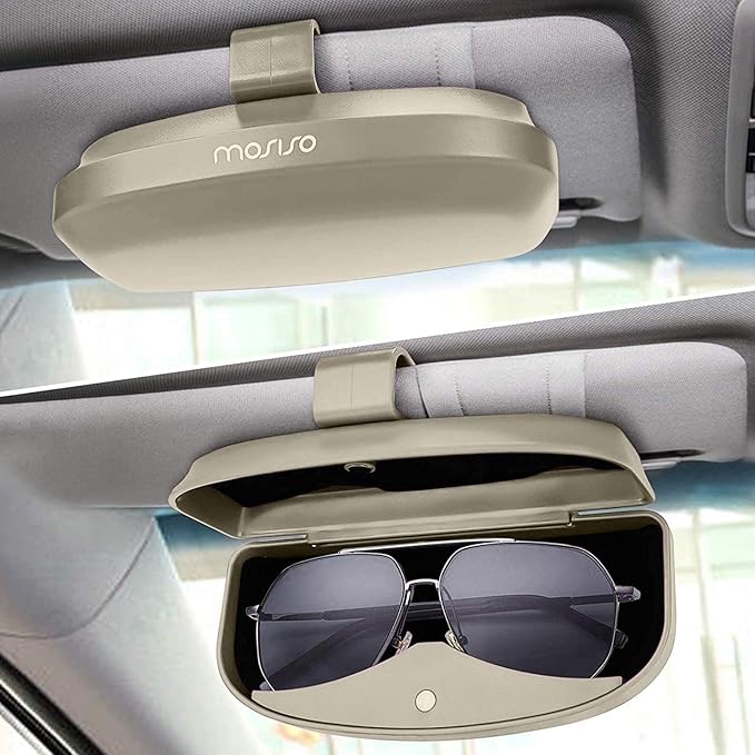 MOSISO Car Visor Sunglasses Case, Universal Automotive ABS Eyeglasses Holder Protective Box Clip Eyewear Hard Shell Storage Organizer with Magnetic Closure and Double Card Clamp, Beige