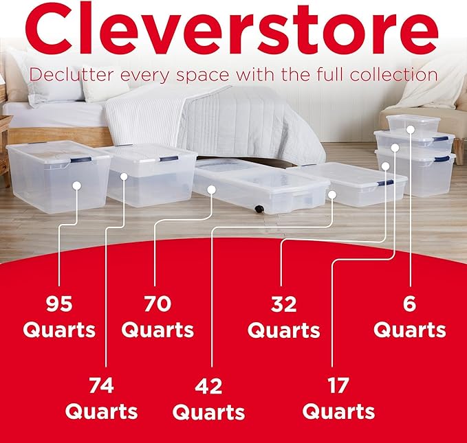 Rubbermaid Cleverstore Clear 32 Qt, 6 Pack Stackable Plastic Storage Bins with Lids, Great for Closet and Laundry Storage, Or